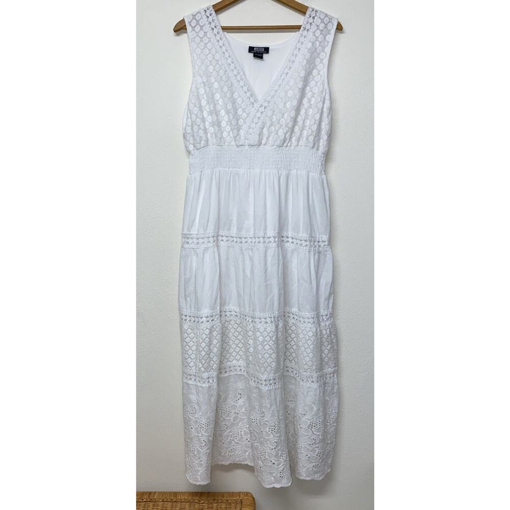 NAOO Maxi Dress XL White Tiered Sleeveless Midi Crochet Lace Cotton Flowy Boho
